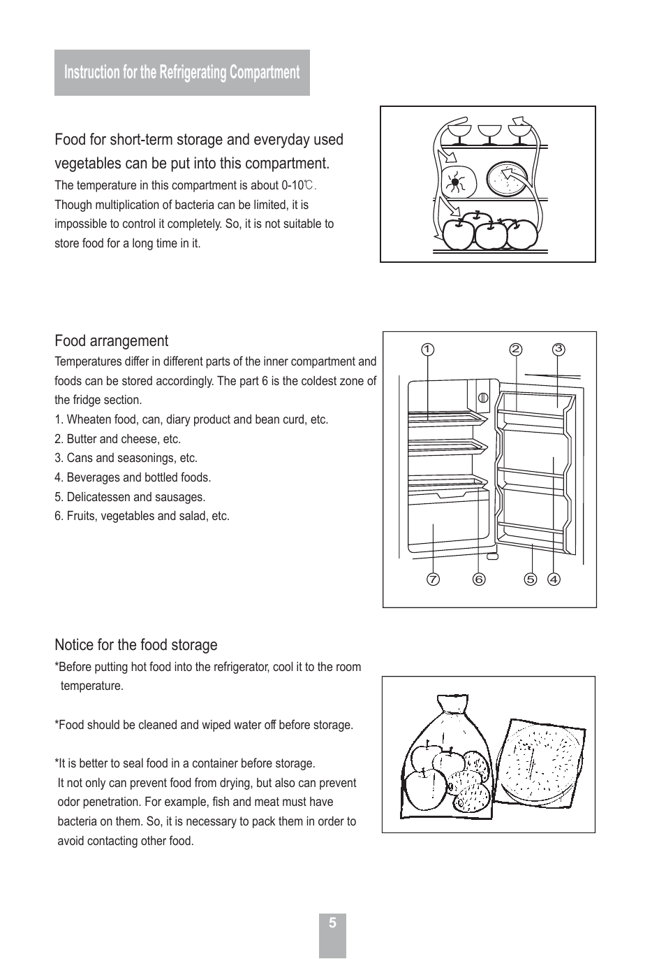 Instruction for the refrigerating compartment, Notice for the food storage, Food arrangement | haier HRF-155 User Manual | Page 7 / 14