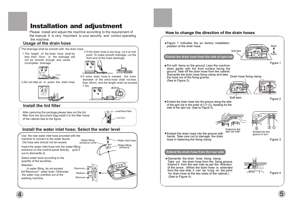 4installation and adjustment, Usage of the drain hose, Install the lint filter | haier XPB10-LAP User Manual | Page 4 / 9
