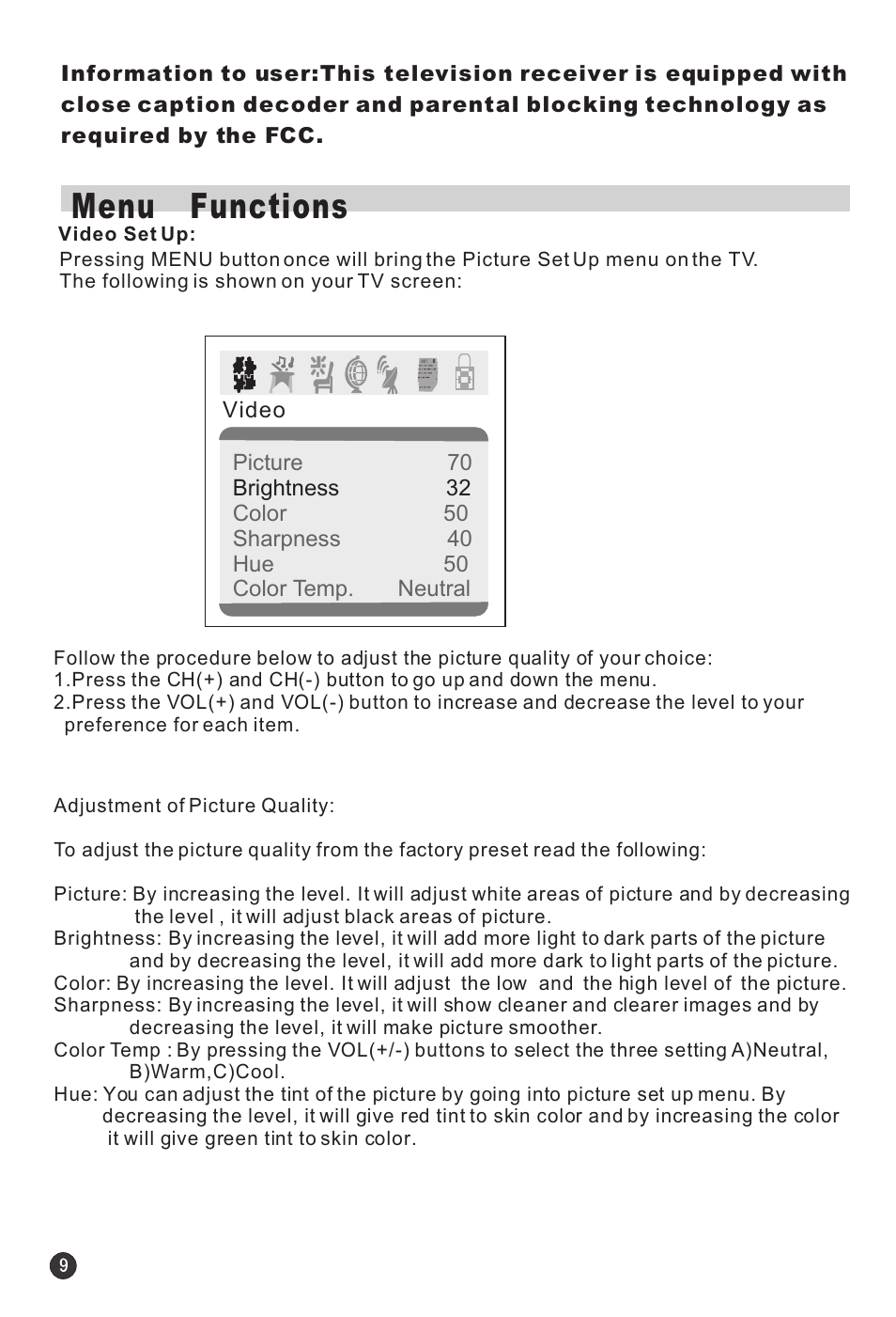 Menu functions | haier HTF21S32 User Manual | Page 10 / 24