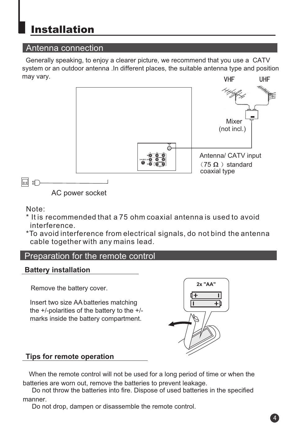 Installation, Antenna connection, Preparation for the remote control | haier HTF21S32 User Manual | Page 5 / 24