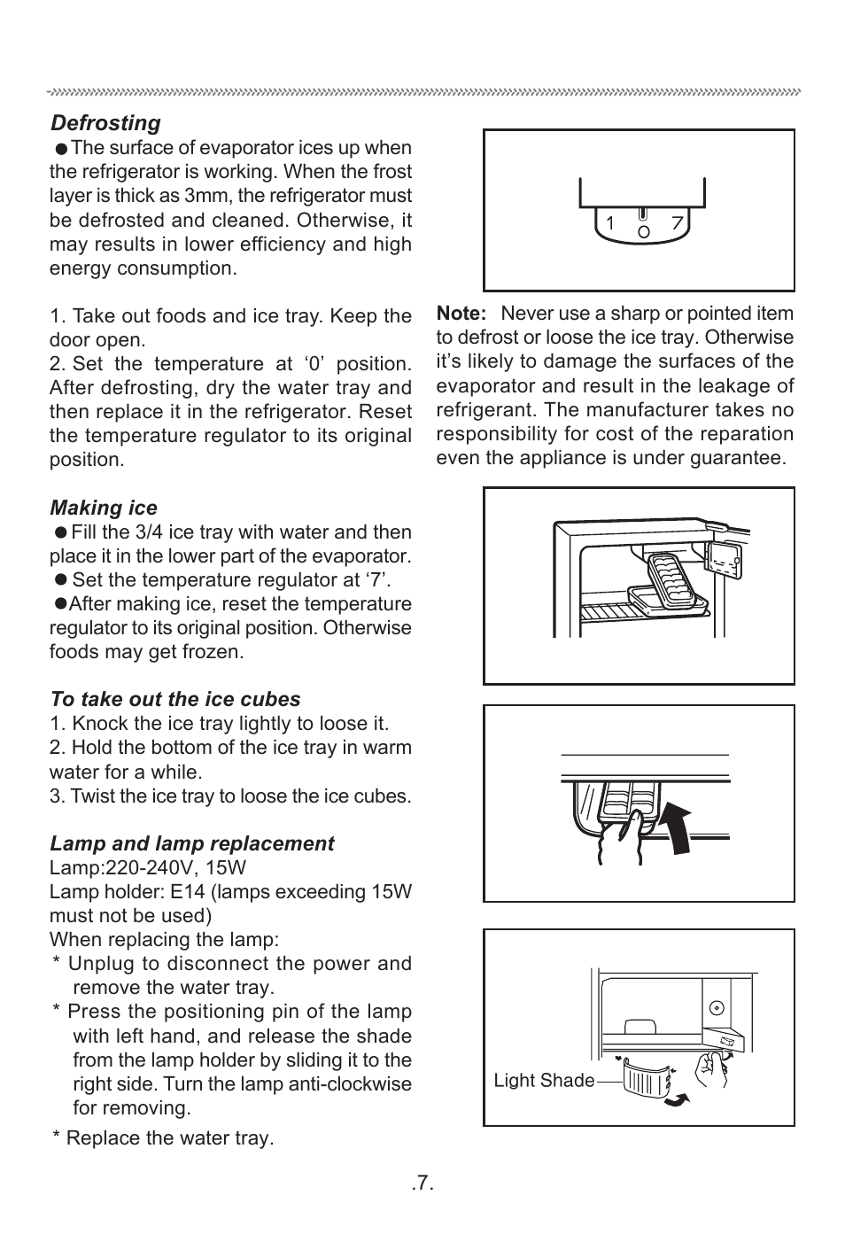 Defrosting/cleaning, Defrosting, Making ice | Lamp and lamp replacement, Iáöüí=pь~зй | haier HR-170T User Manual | Page 9 / 14