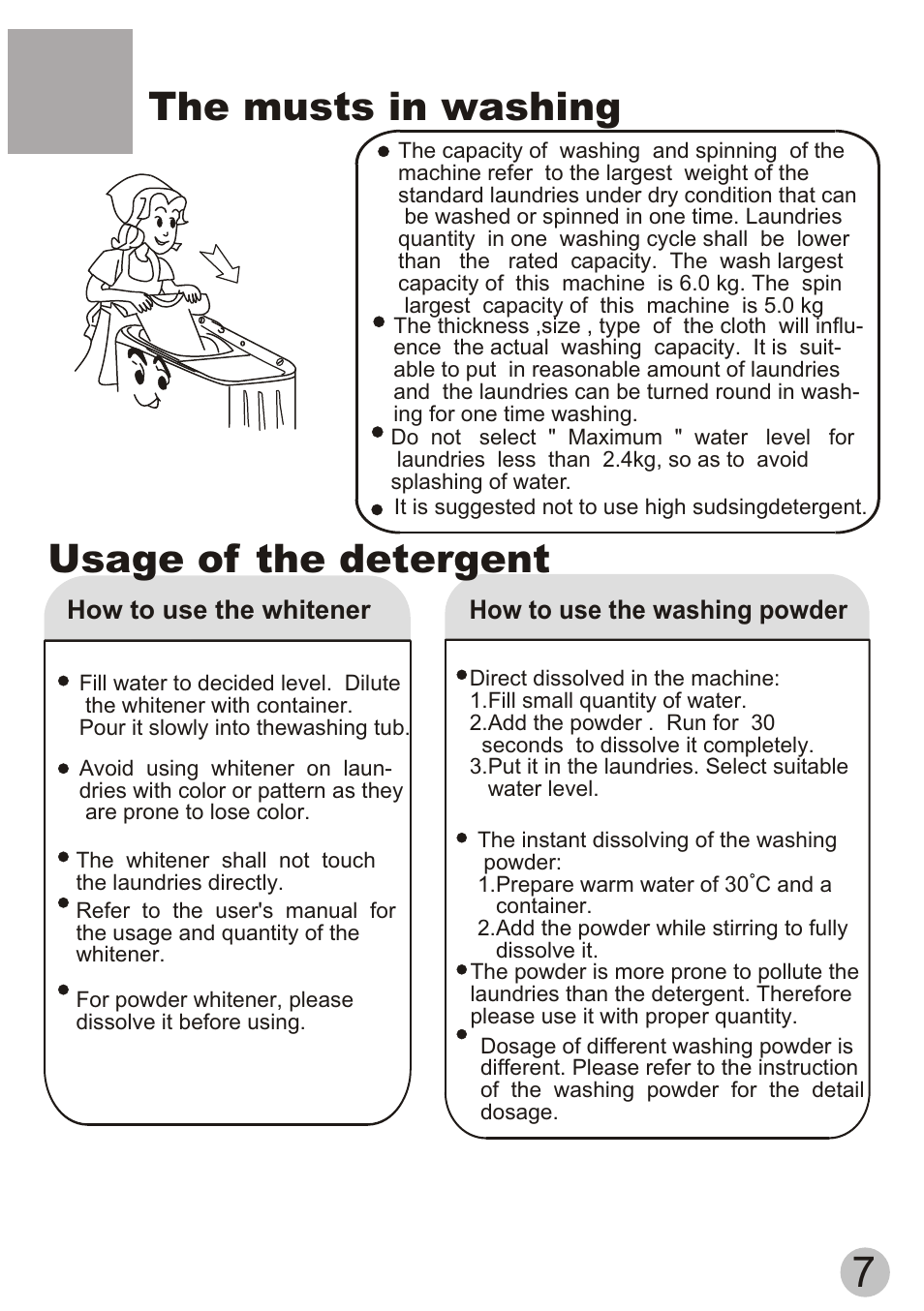 The musts in washing, Usage of the detergent | haier XPB58-113S User Manual | Page 9 / 18