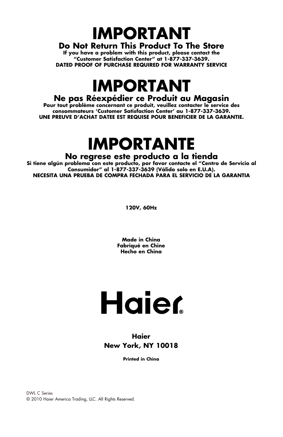 Important, Importante, Do not return this product to the store | Ne pas réexpédier ce produit au magasin, No regrese este producto a la tienda | haier DWL2825 User Manual | Page 100 / 100