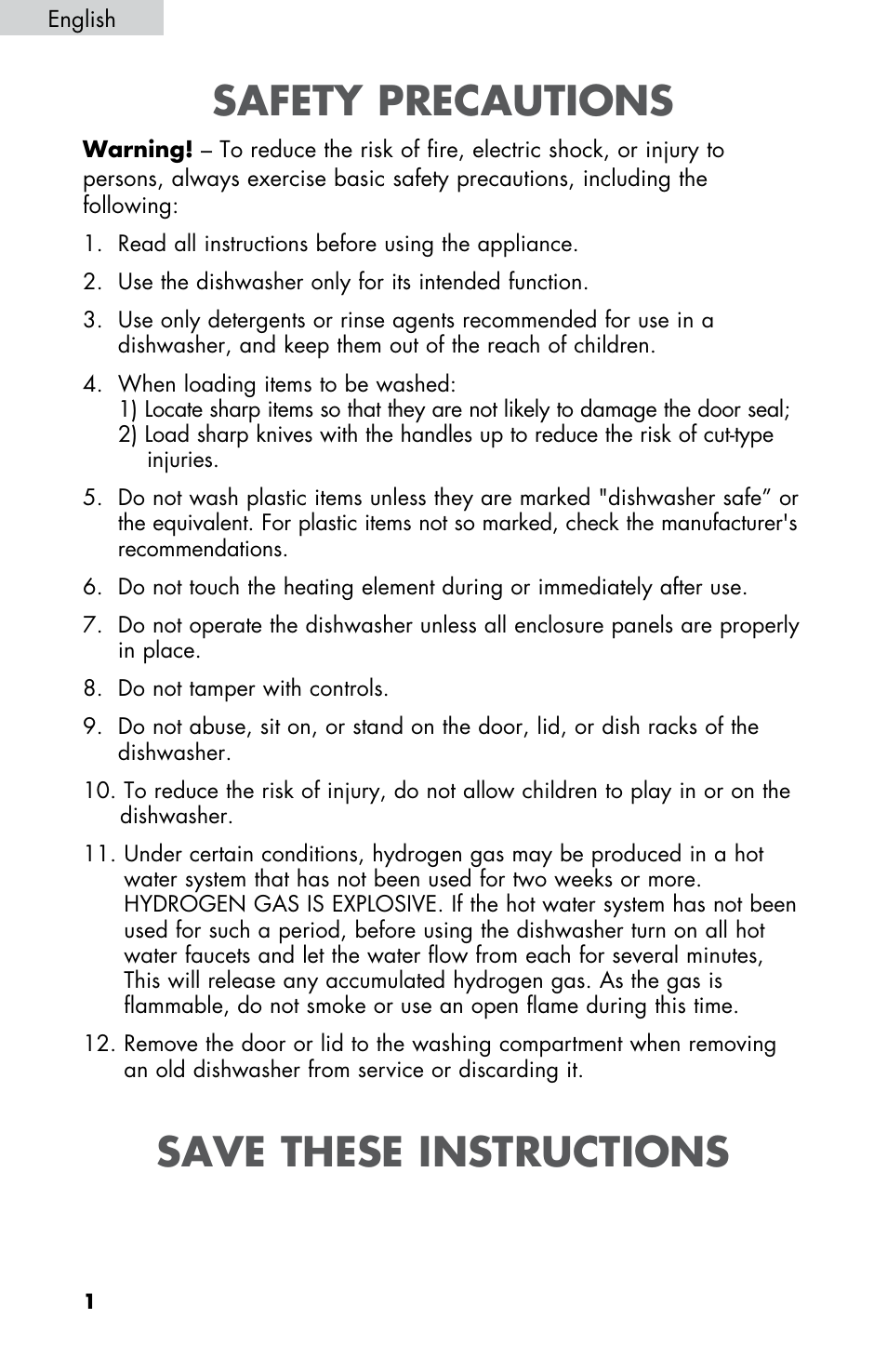 Safety precautions, Save these instructions | haier DWL2825 User Manual | Page 2 / 100