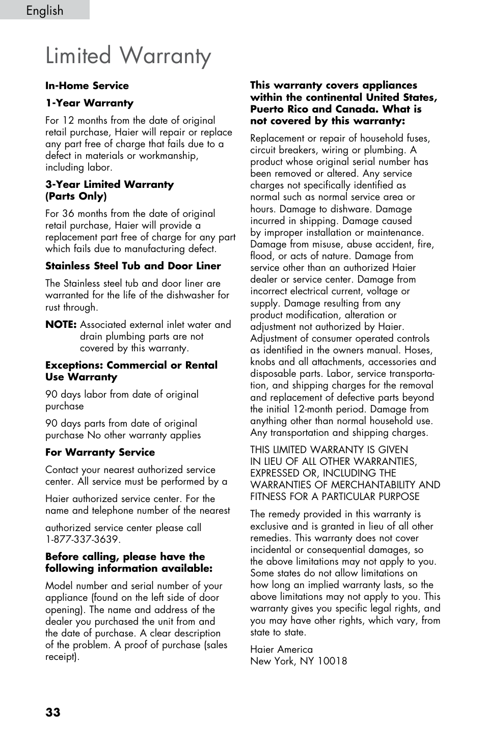Limited warranty, English | haier DWL2825 User Manual | Page 34 / 100