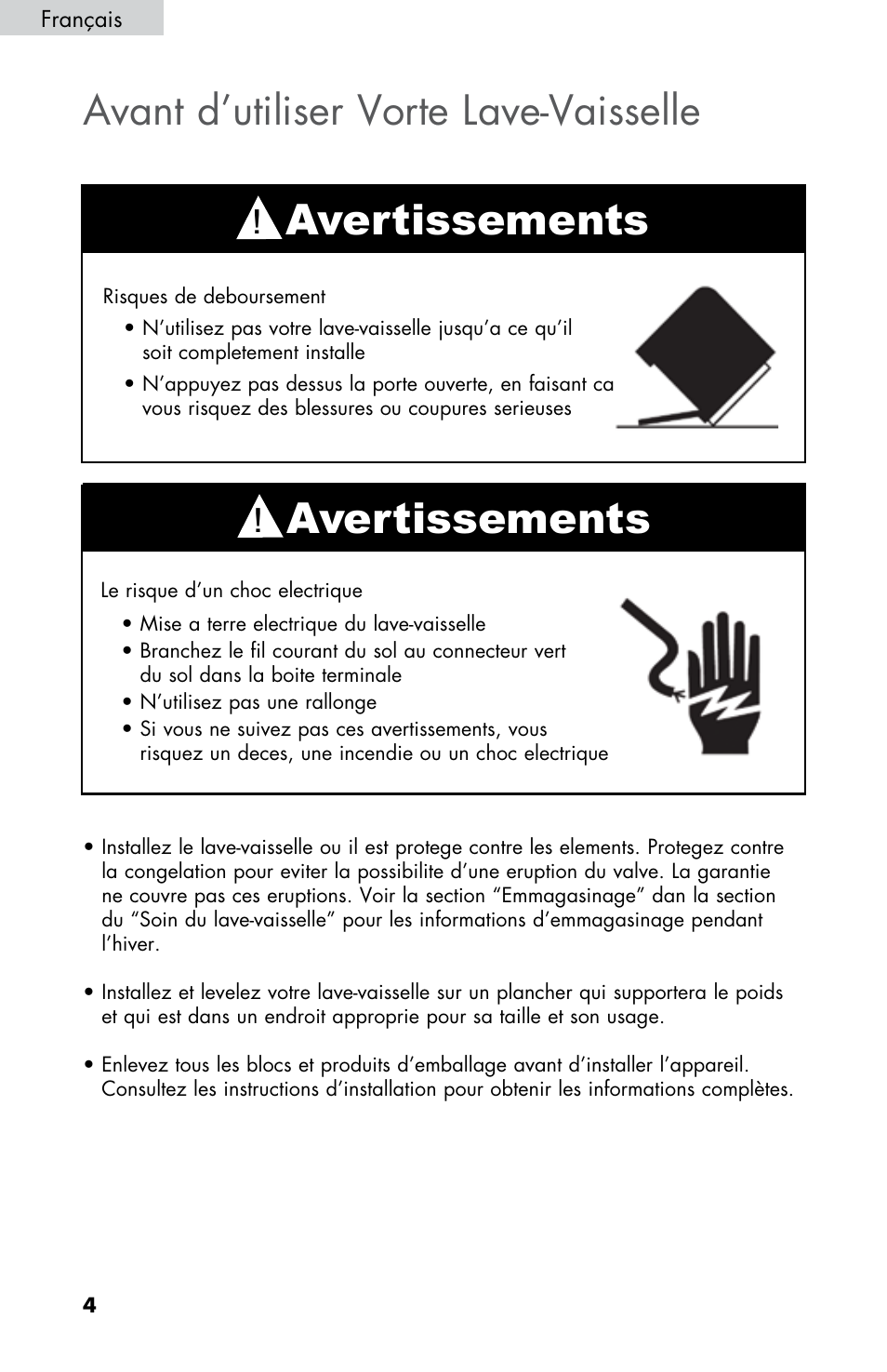Avertissements, Avant d’utiliser vorte lave-vaisselle | haier DWL2825 User Manual | Page 38 / 100