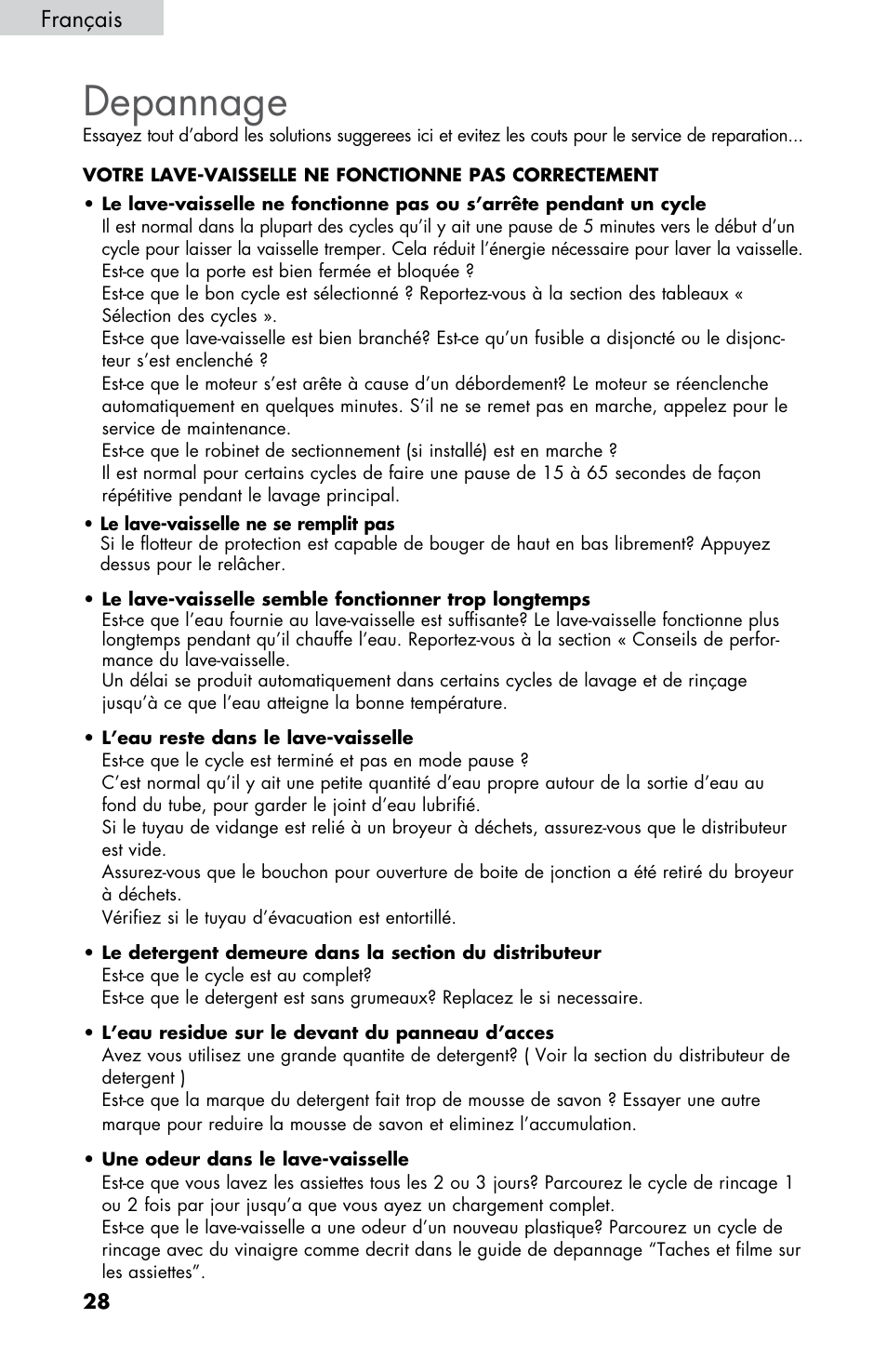 Depannage | haier DWL2825 User Manual | Page 62 / 100