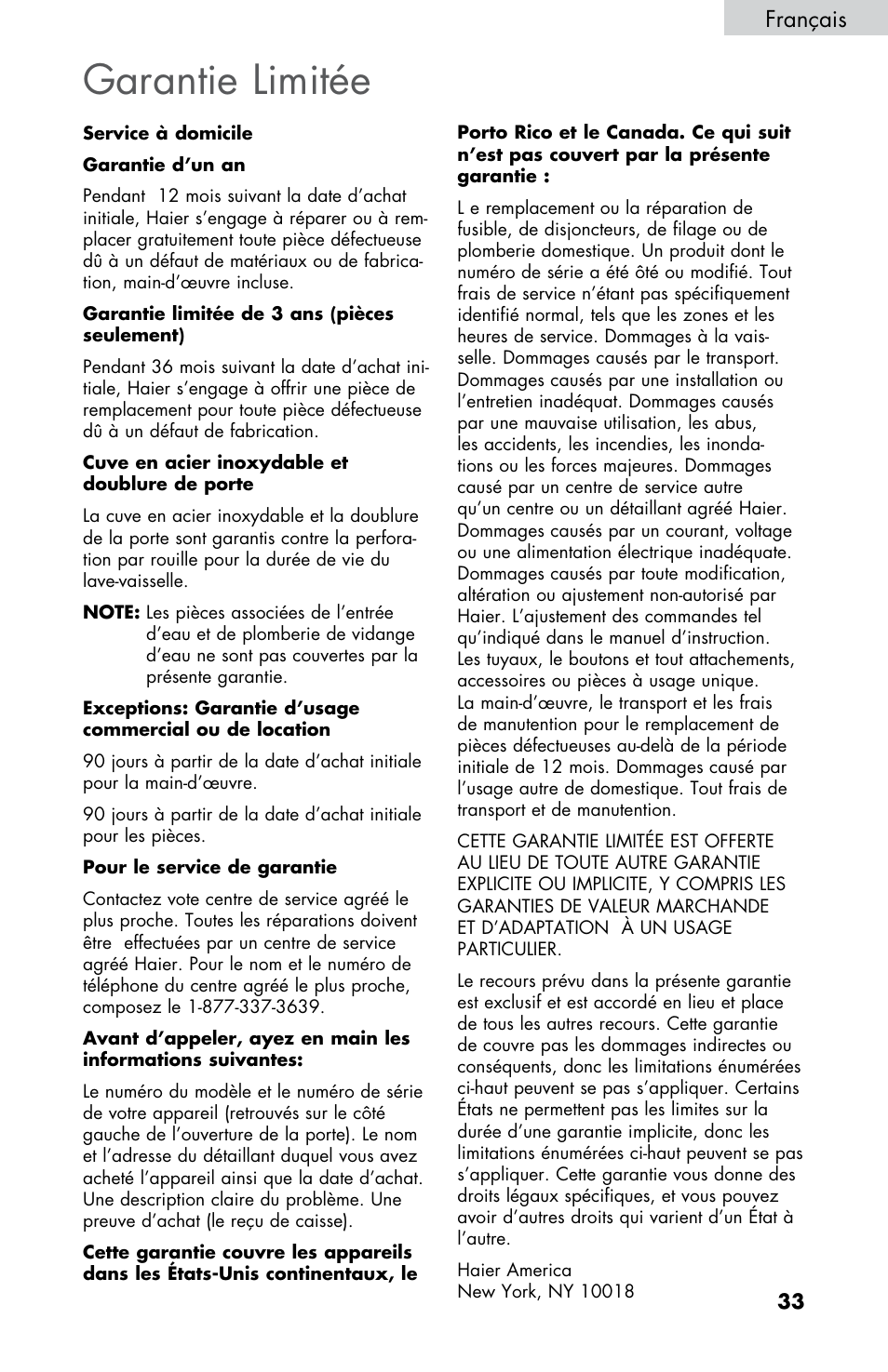 Garantie limitée, Français | haier DWL2825 User Manual | Page 67 / 100