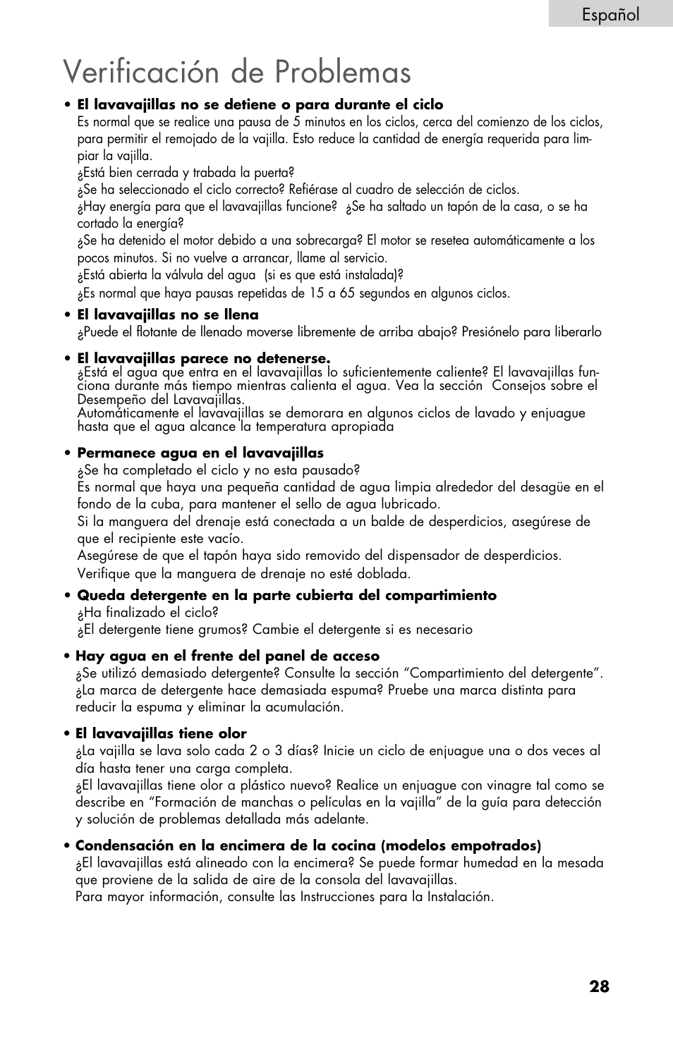 Verificación de problemas, Español | haier DWL2825 User Manual | Page 95 / 100