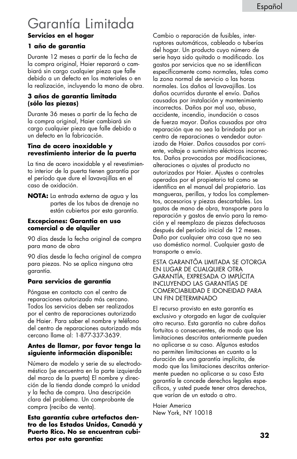 Garantía limitada, Español | haier DWL2825 User Manual | Page 99 / 100