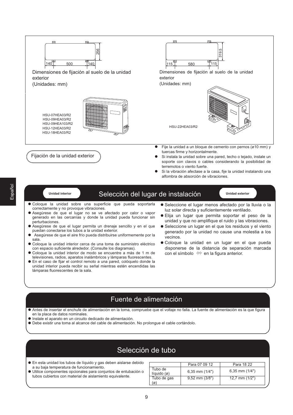 Selección de tubo, Selección del lugar de instalación, Fuente de alimentación | haier 0010516146 User Manual | Page 10 / 36