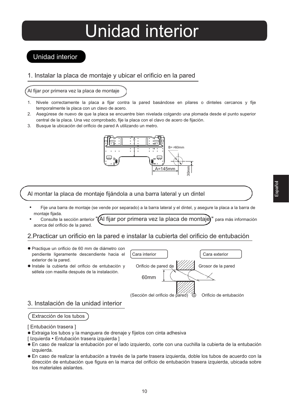 Unidad interior, Instalación de la unidad interior | haier 0010516146 User Manual | Page 11 / 36