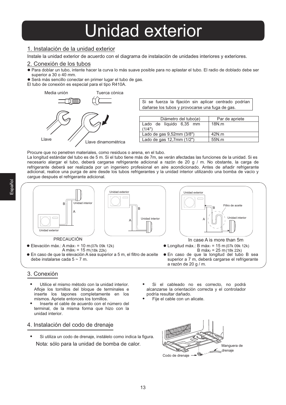 Unidad exterior, Instalación de la unidad exterior, Conexión de los tubos | Conexión, Instalación del codo de drenaje | haier 0010516146 User Manual | Page 14 / 36