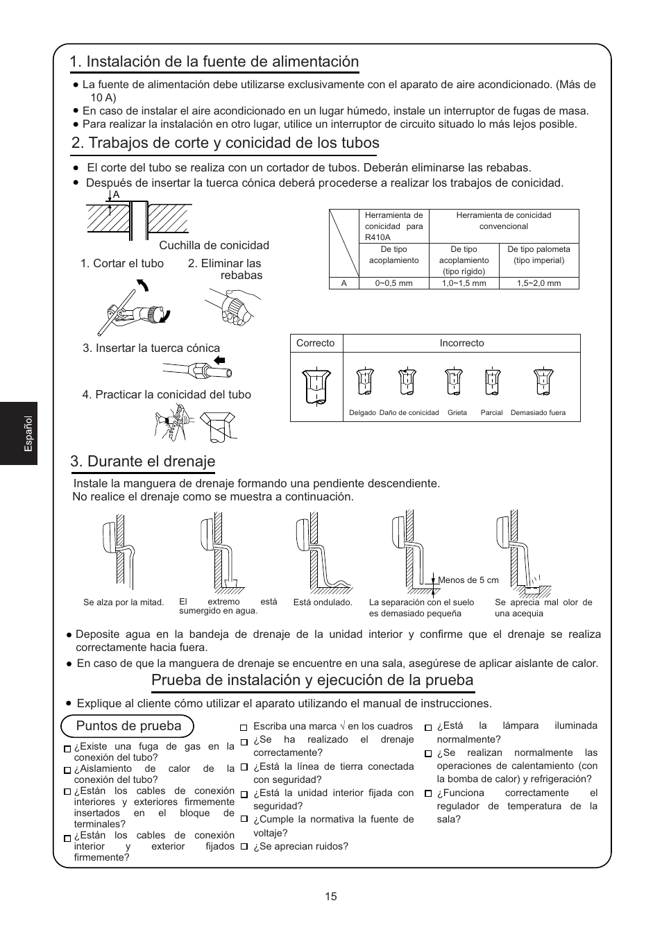 Instalación de la fuente de alimentación, Trabajos de corte y conicidad de los tubos, Durante el drenaje | Prueba de instalación y ejecución de la prueba, Puntos de prueba | haier 0010516146 User Manual | Page 16 / 36