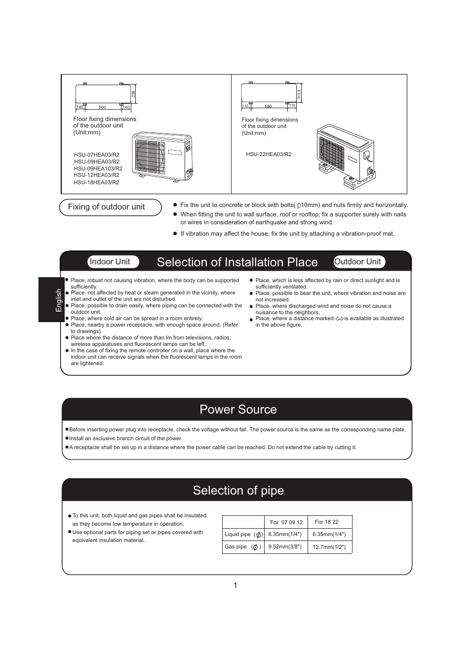 Fixing of outdoor unit indoor unit, Outdoor unit | haier 0010516146 User Manual | Page 2 / 36