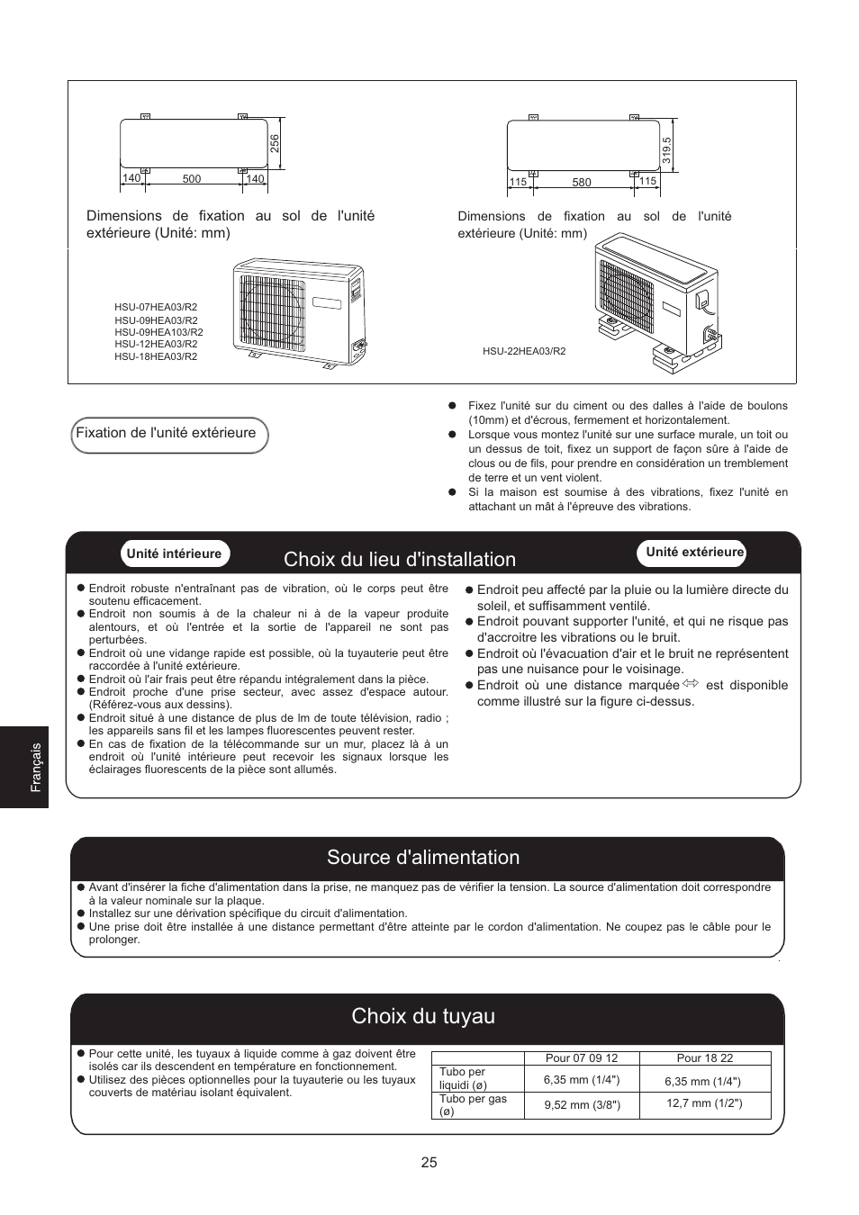 Choix du tuyau, Choix du lieu d'installation, Source d'alimentation | haier 0010516146 User Manual | Page 26 / 36