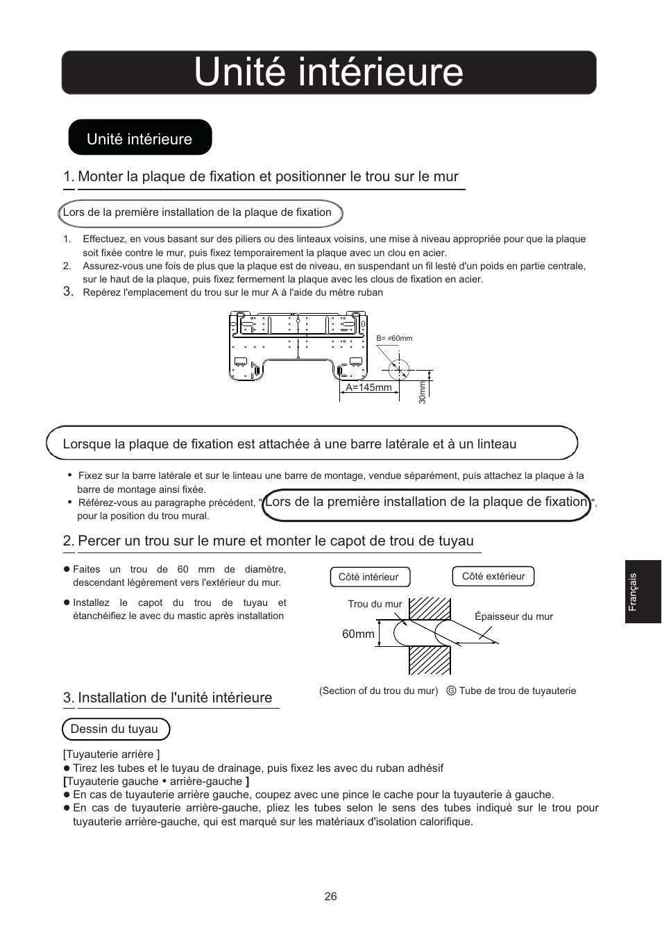 Unité intérieure, Installation de l'unité intérieure | haier 0010516146 User Manual | Page 27 / 36