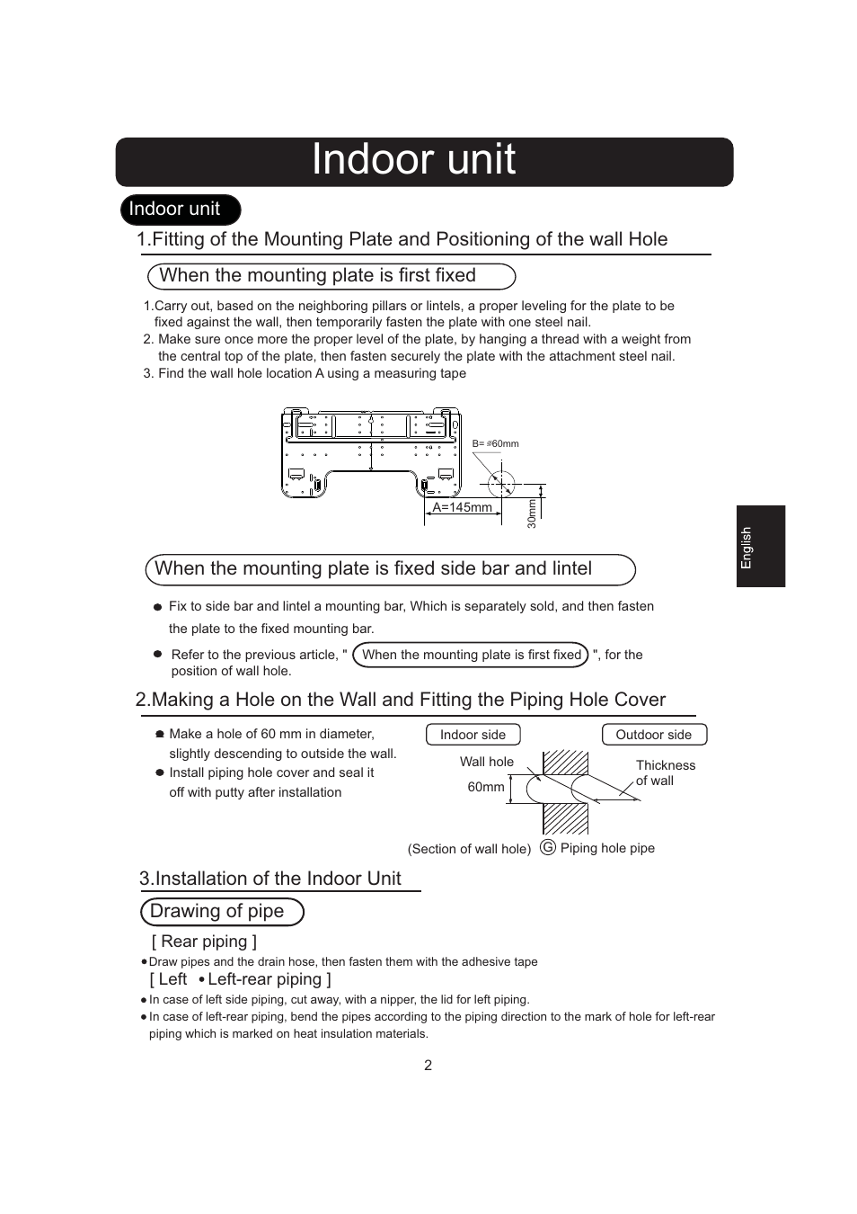 Indoor unit, Installation of the indoor unit drawing of pipe | haier 0010516146 User Manual | Page 3 / 36