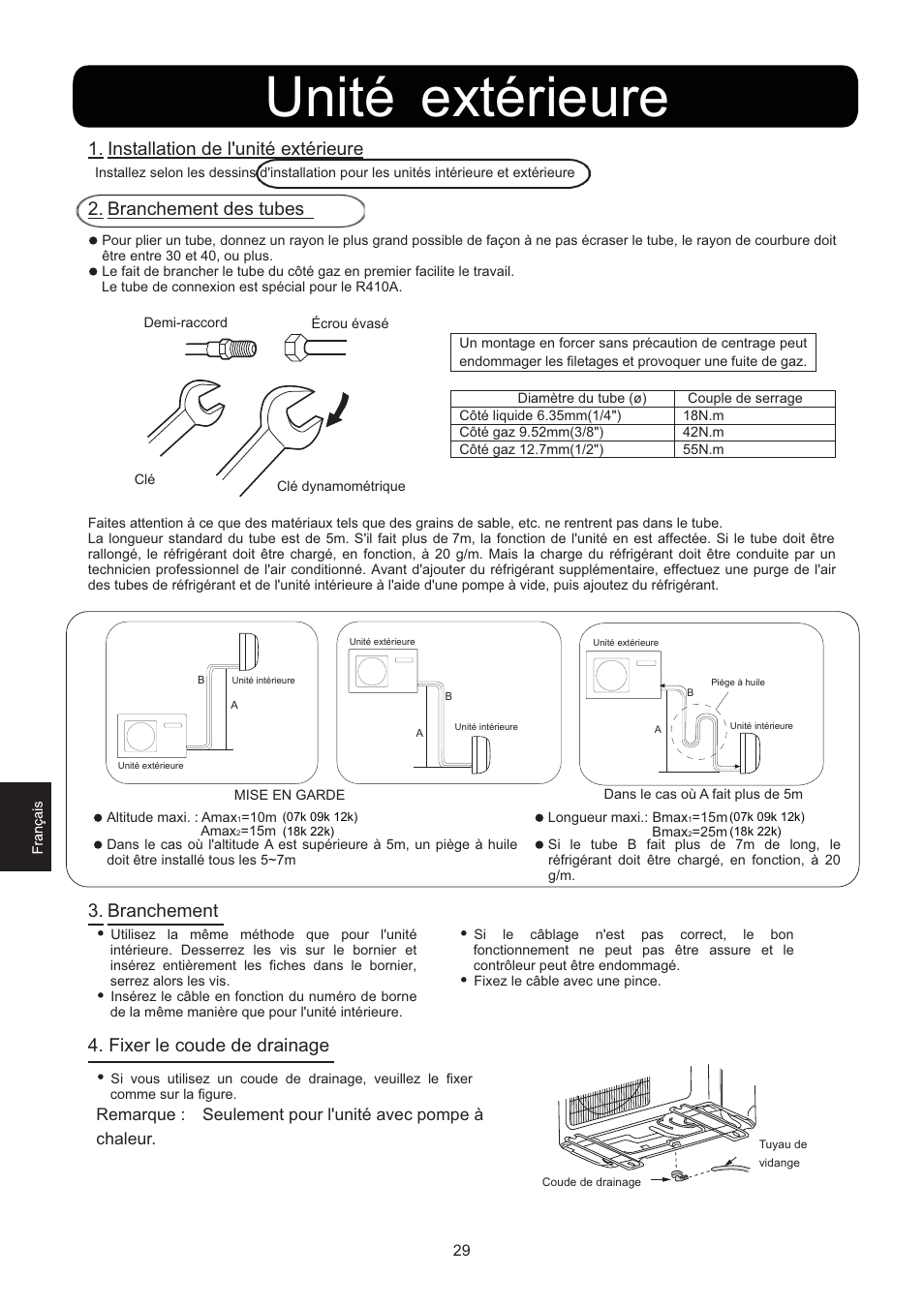 Unité extérieure, Installation de l'unité extérieure, Branchement des tubes | Branchement, Fixer le coude de drainage | haier 0010516146 User Manual | Page 30 / 36