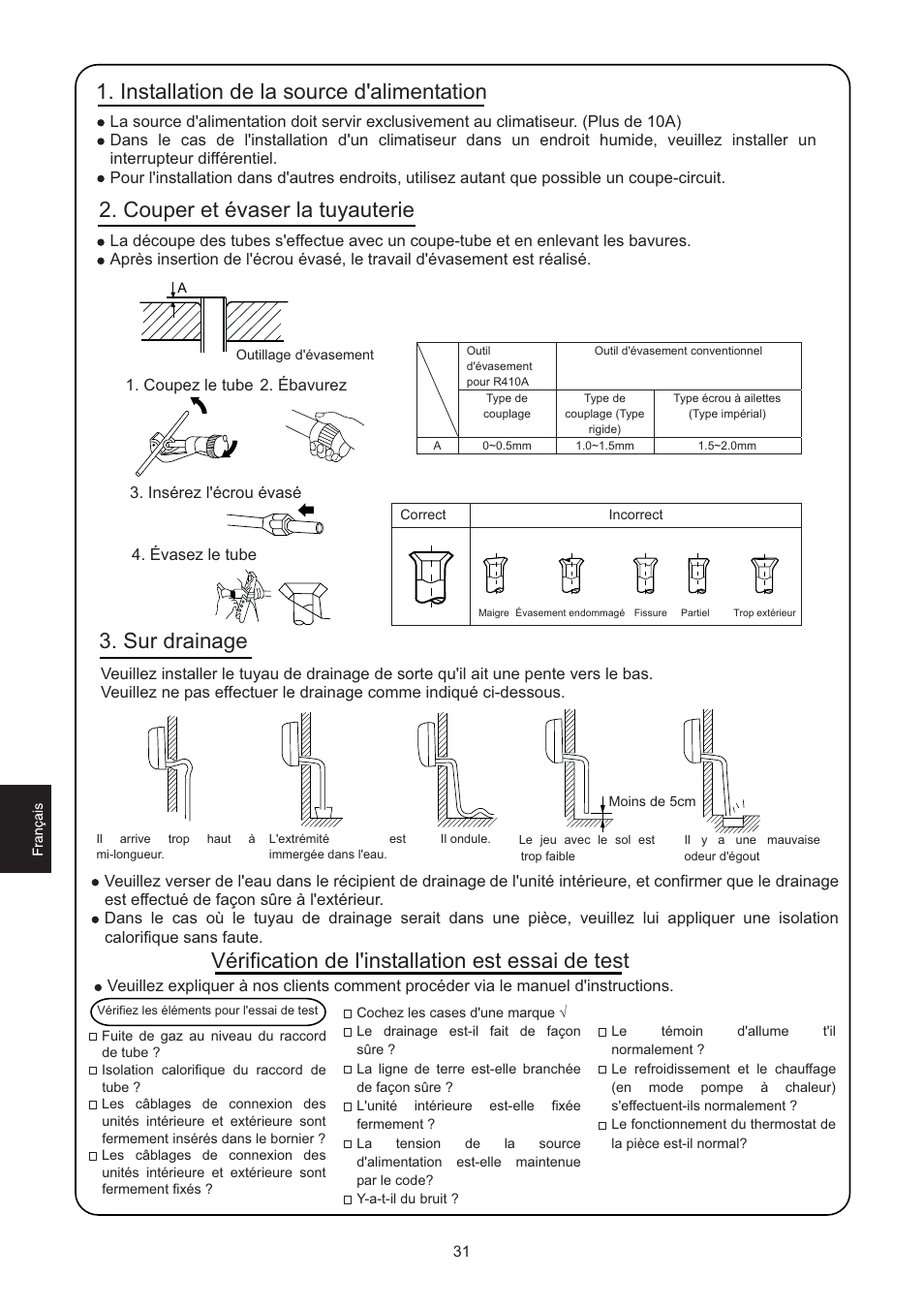 Installation de la source d'alimentation, Couper et évaser la tuyauterie, Sur drainage | Vérification de l'installation est essai de test | haier 0010516146 User Manual | Page 32 / 36