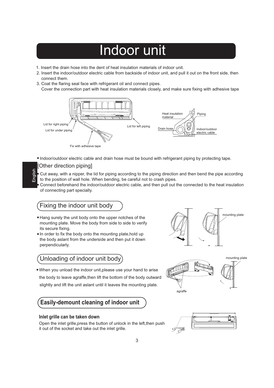 Indoor unit, Fixing the indoor unit body, Easily-demount cleaning of indoor unit | Unloading of indoor unit body | haier 0010516146 User Manual | Page 4 / 36