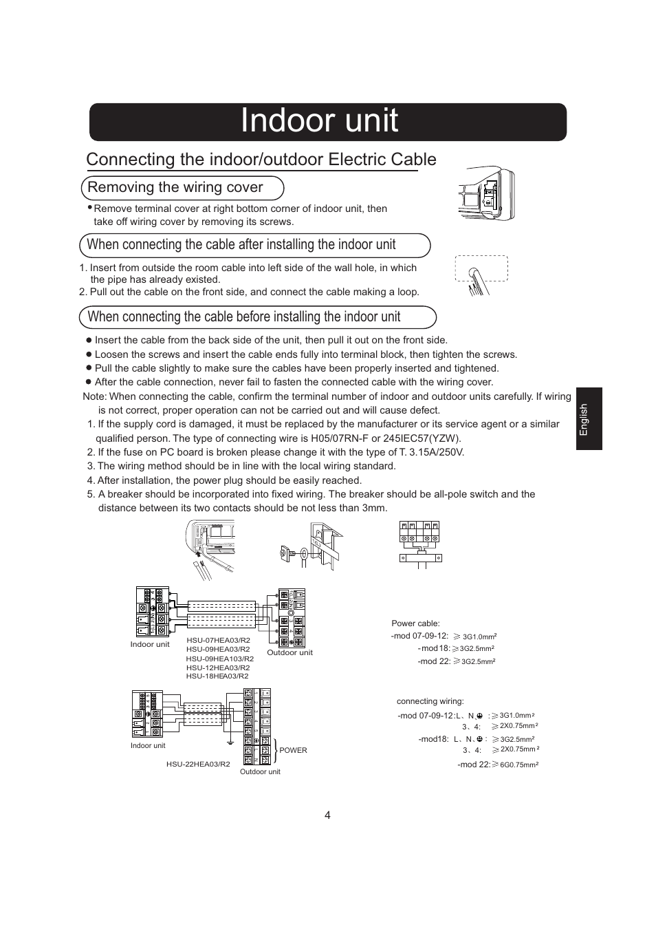 Indoor unit, Connecting the indoor/outdoor electric cable, Removing the wiring cover | haier 0010516146 User Manual | Page 5 / 36