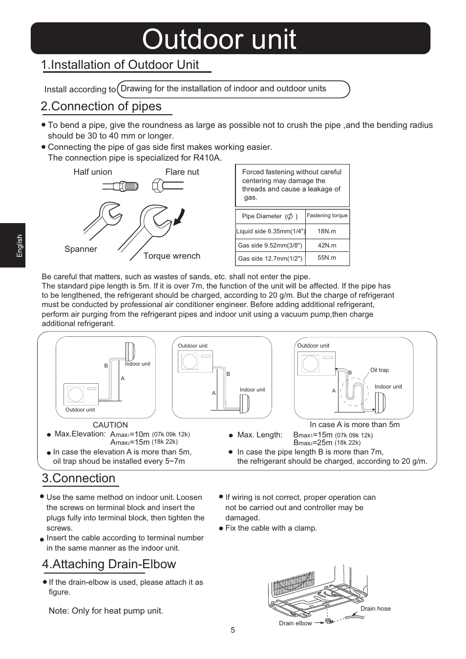 Outdoor unit, Installation of outdoor unit 2.connection of pipes, Connection | Attaching drain-elbow | haier 0010516146 User Manual | Page 6 / 36