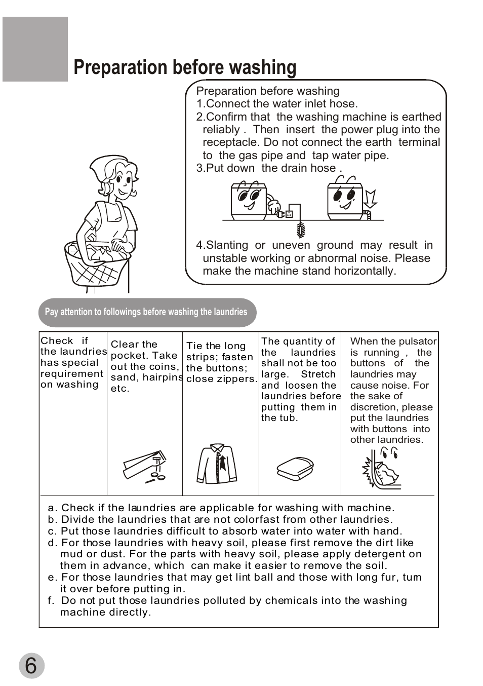 Preparation before washing | haier HWM60-111S User Manual | Page 8 / 18