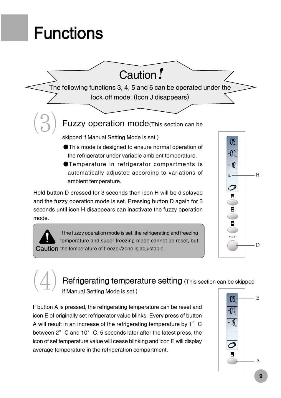 Functions, Caution, Fuzzy operation mode | Refrigerating temperature setting | haier HRF-288K User Manual | Page 11 / 28