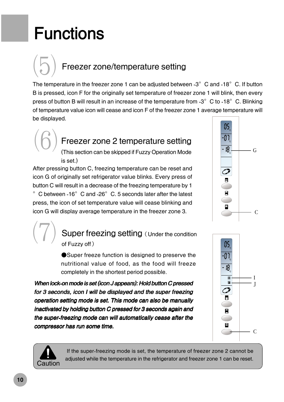 Functions, Freezer zone/temperature setting, Super freezing setting | Freezer zone 2 temperature setting | haier HRF-288K User Manual | Page 12 / 28
