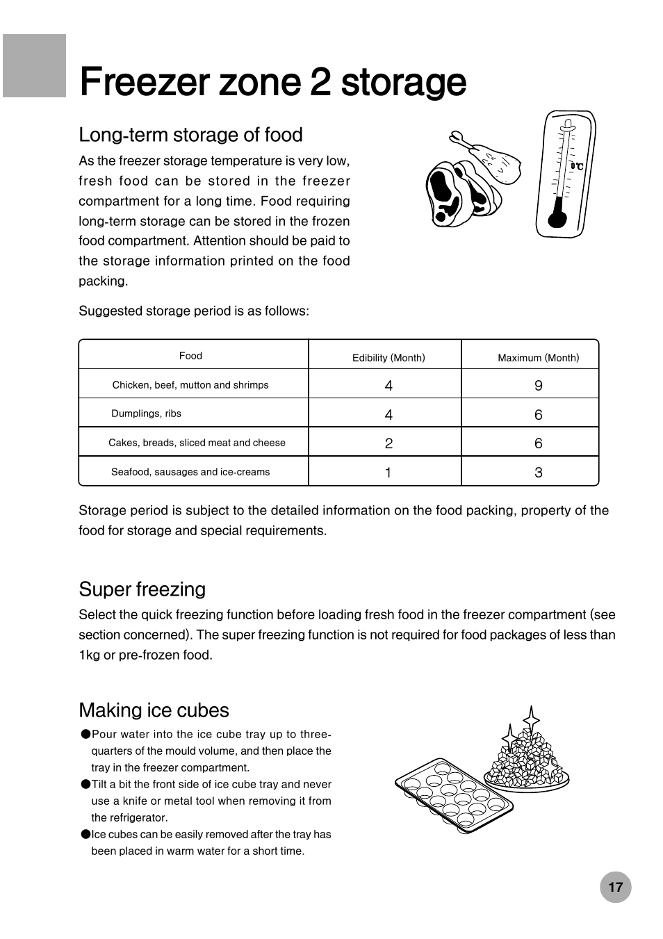 Freezer zone 2 storage, Making ice cubes, Long-term storage of food | Super freezing | haier HRF-288K User Manual | Page 19 / 28
