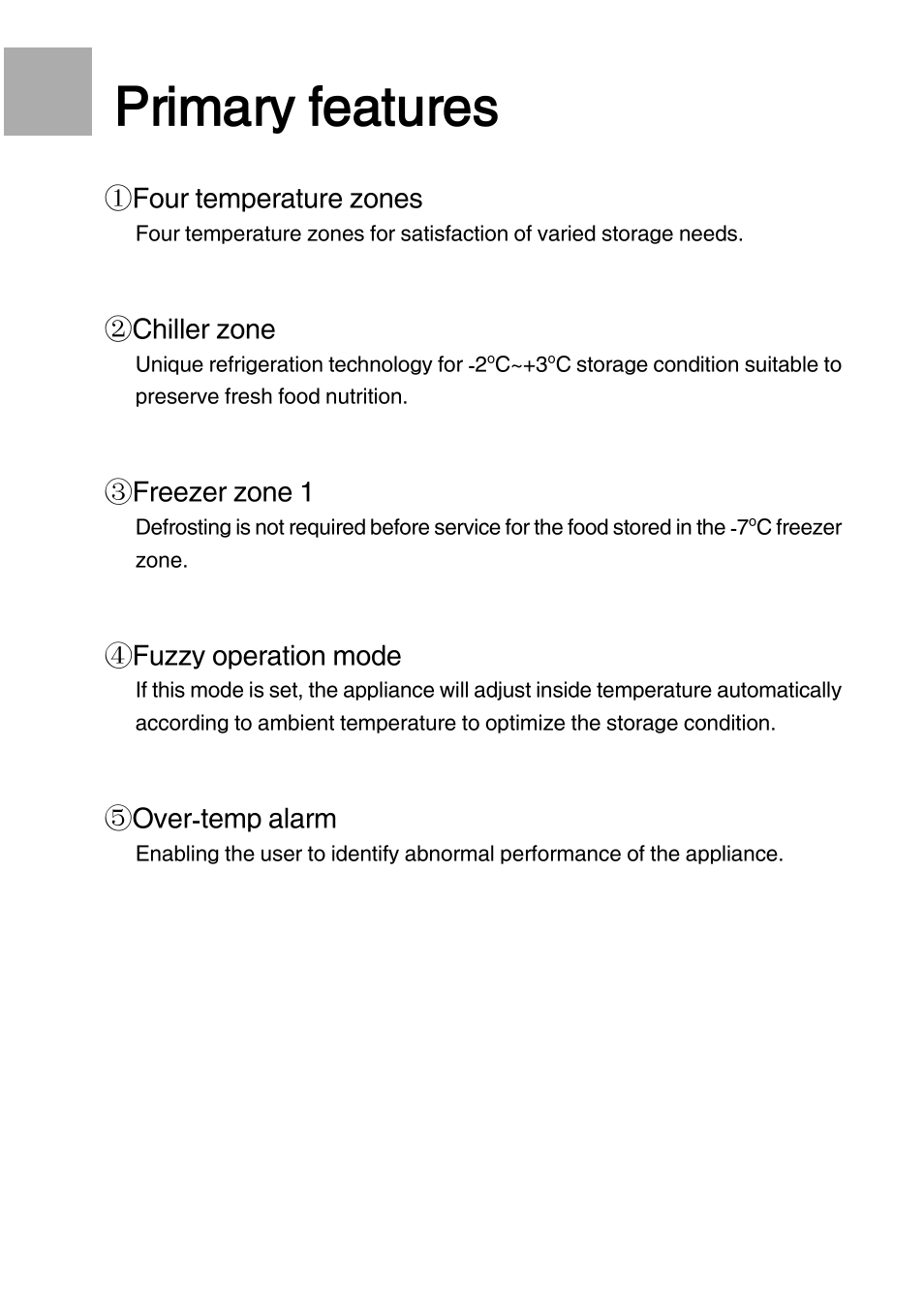 Primary features, Four temperature zones, Chiller zone | Freezer zone 1, Fuzzy operation mode, Over-temp alarm | haier HRF-288K User Manual | Page 2 / 28