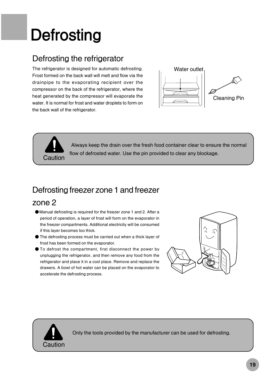 Defrosting, Defrosting the refrigerator, Defrosting freezer zone 1 and freezer zone 2 | haier HRF-288K User Manual | Page 21 / 28