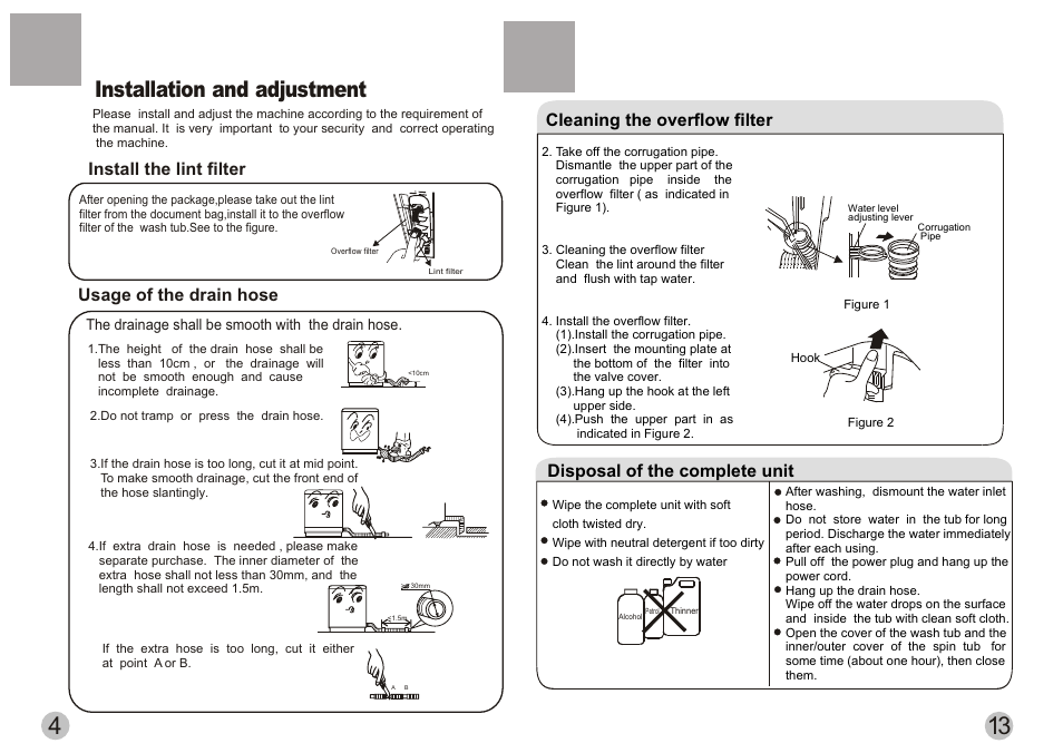 Installation and adjustment, Install the lint filter, Usage of the drain hose | Cleaning the overflow filter, Disposal of the complete unit | haier HWM60-113S User Manual | Page 6 / 10