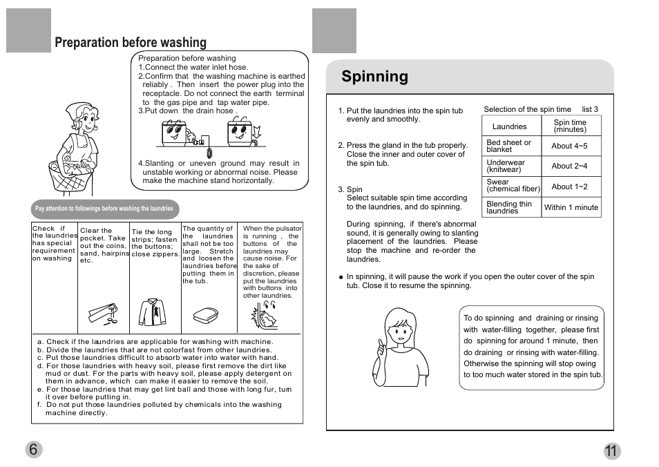 Spinning, Preparation before washing | haier HWM60-113S User Manual | Page 8 / 10