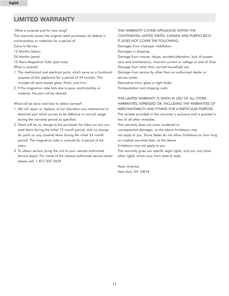 Limited warranty | haier MWM10100SS User Manual | Page 18 / 19