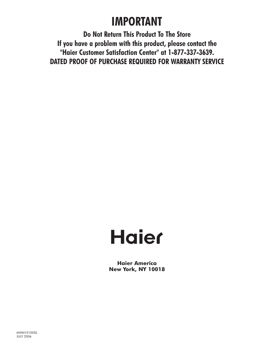 Important | haier MWM10100SS User Manual | Page 19 / 19