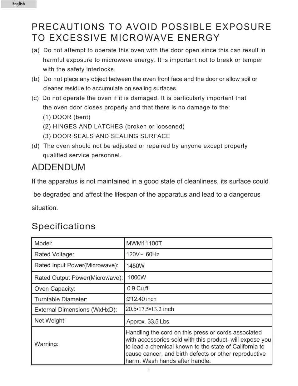 Addendum, Specifications | haier MWM10100SS User Manual | Page 2 / 19
