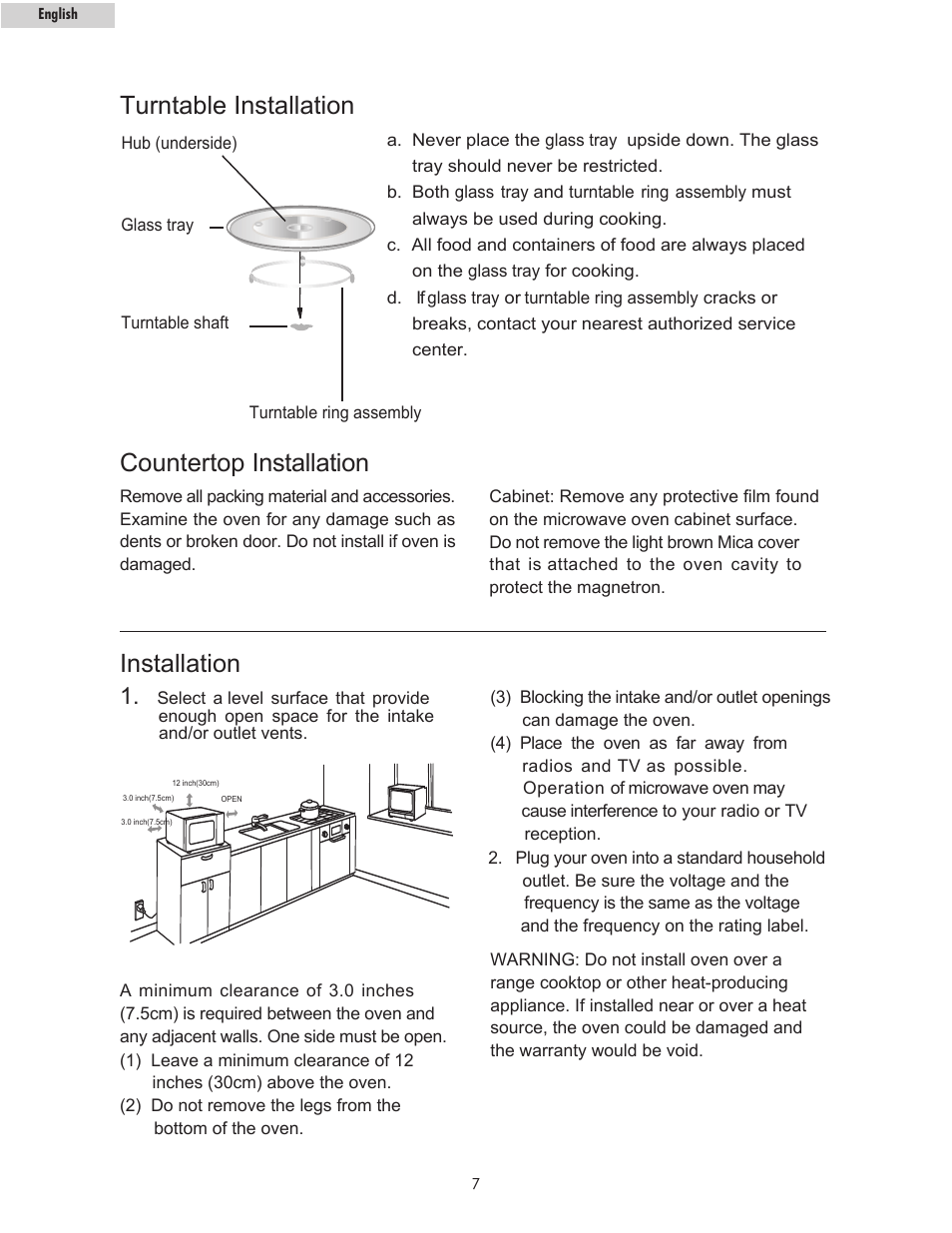 Installation, Countertop installation, Turntable installation | haier MWM10100SS User Manual | Page 8 / 19