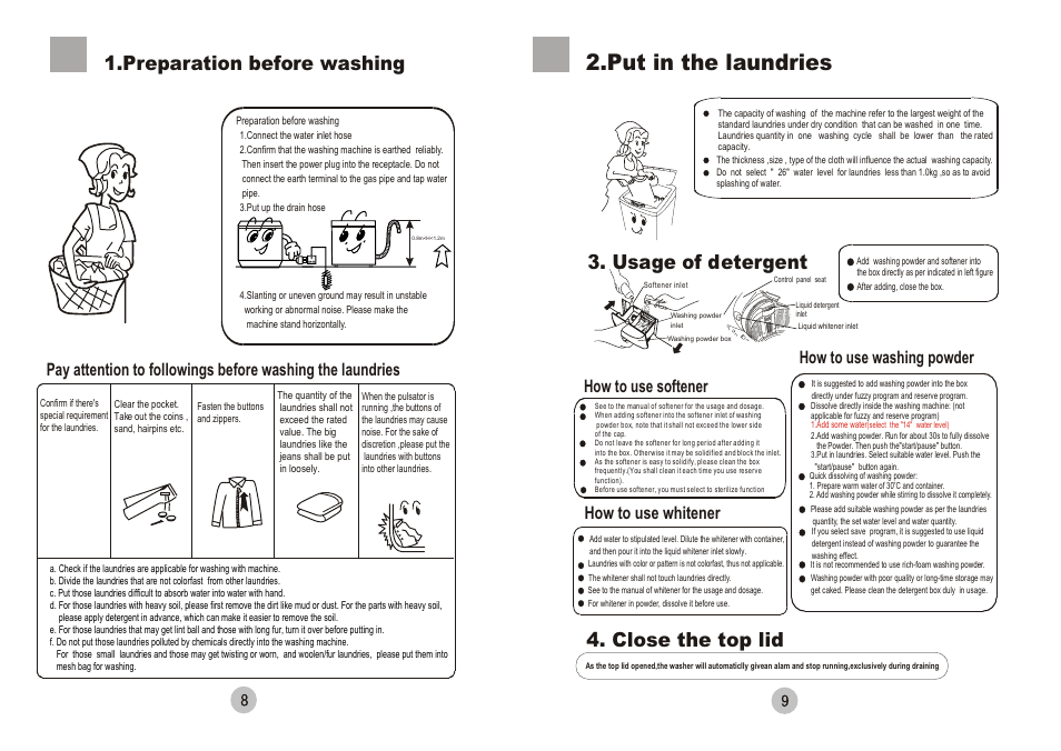 Put in the laundries, Close the top lid, Usage of detergent | Preparation before washing, How to use whitener how to use washing powder, How to use softener | haier 50FREE-1 User Manual | Page 10 / 10