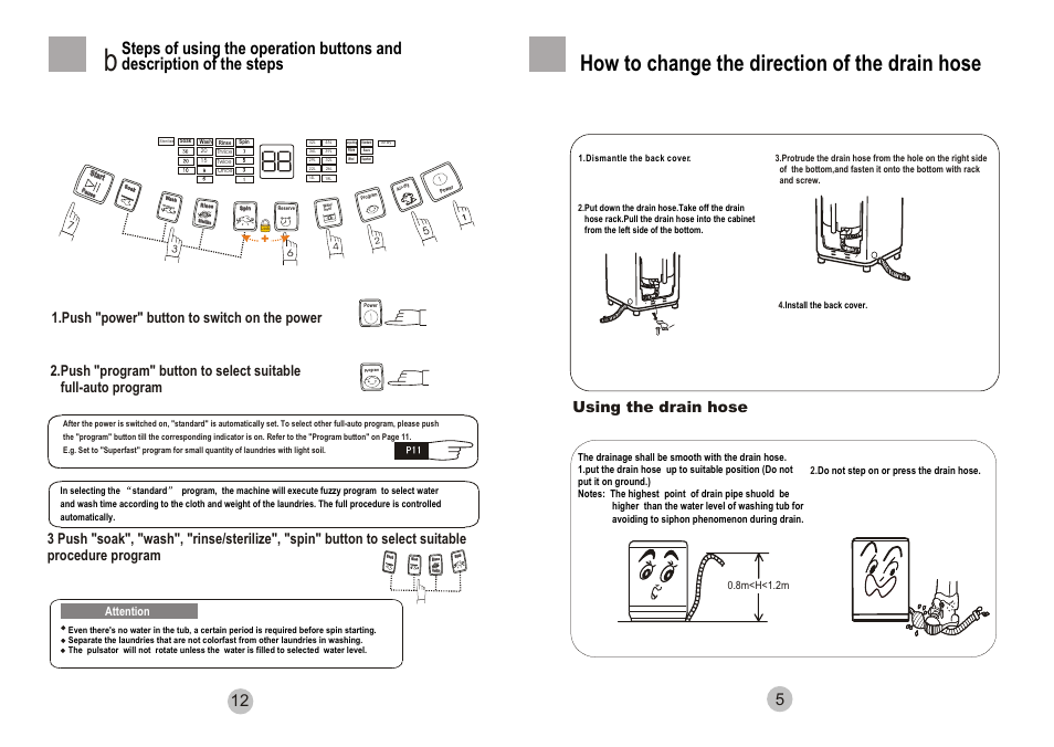 How to change the direction of the drain hose, Using the drain hose, Push "power" button to switch on the power | Attention | haier 50FREE-1 User Manual | Page 7 / 10