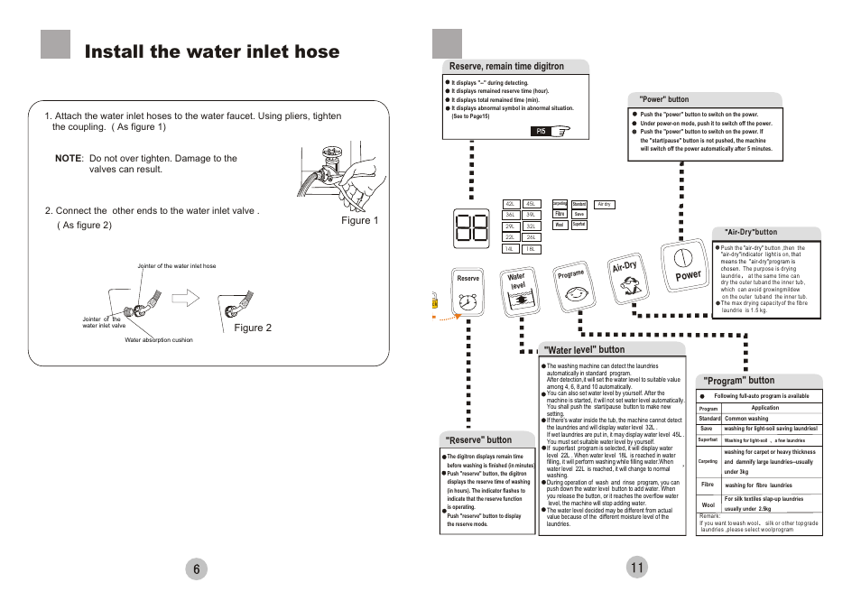 Install the water inlet hose, Figure 1 figure 2, Reserve, remain time digitron | Water level" button "program" button, Power | haier 50FREE-1 User Manual | Page 8 / 10
