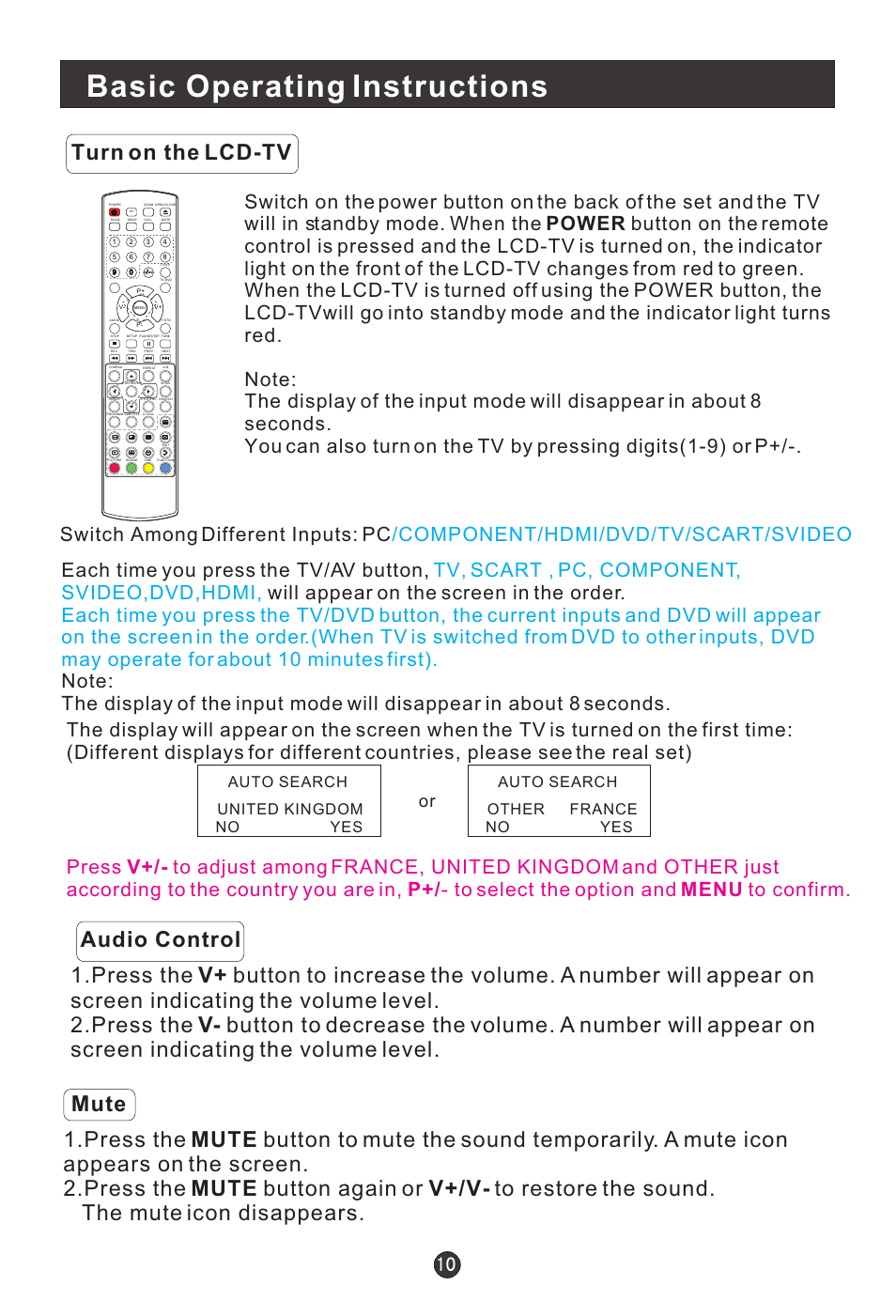 Basic operating instructions, Turn on the lcd-tv, Auto search united kingdom no | Auto search other no yes france | haier L15C10A User Manual | Page 12 / 35