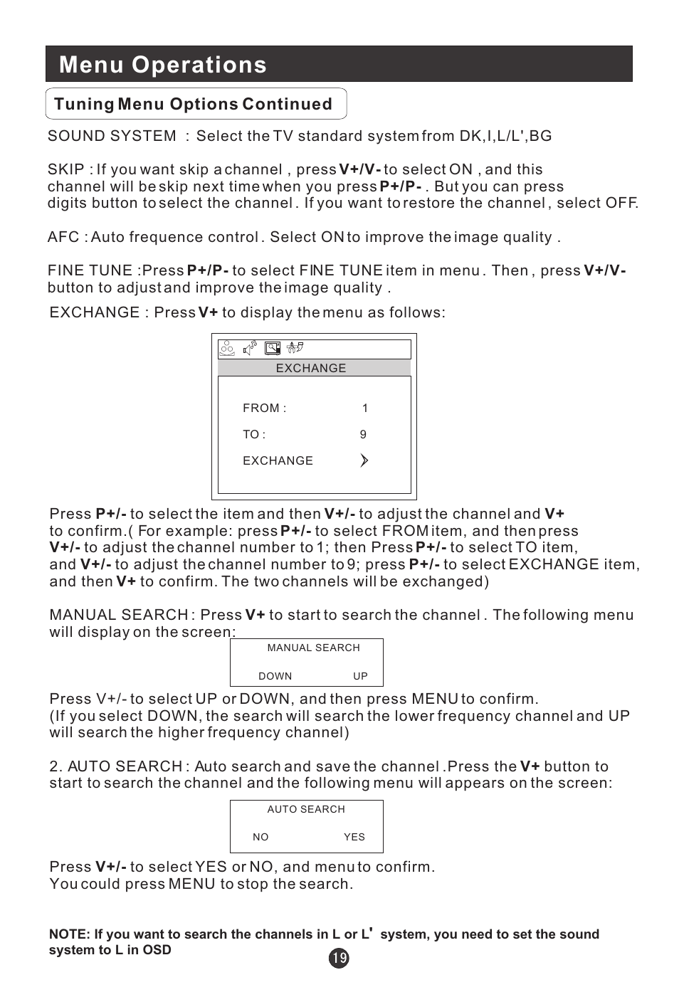 Menu operations, Tuning menu options continued | haier L15C10A User Manual | Page 21 / 35
