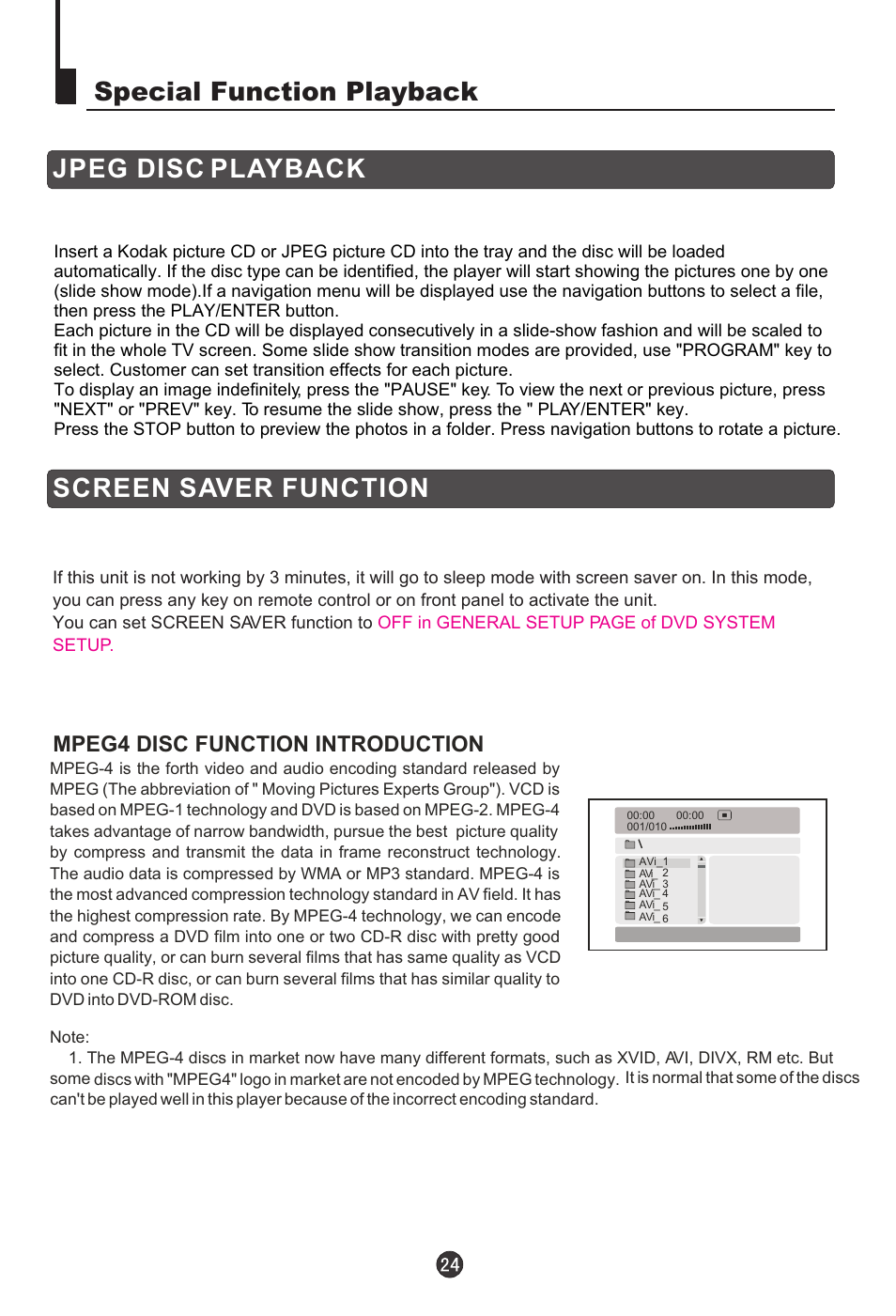 Special function playback jpeg disc playback, Screen saver function, Mpeg4 disc function introduction | haier L15C10A User Manual | Page 26 / 35