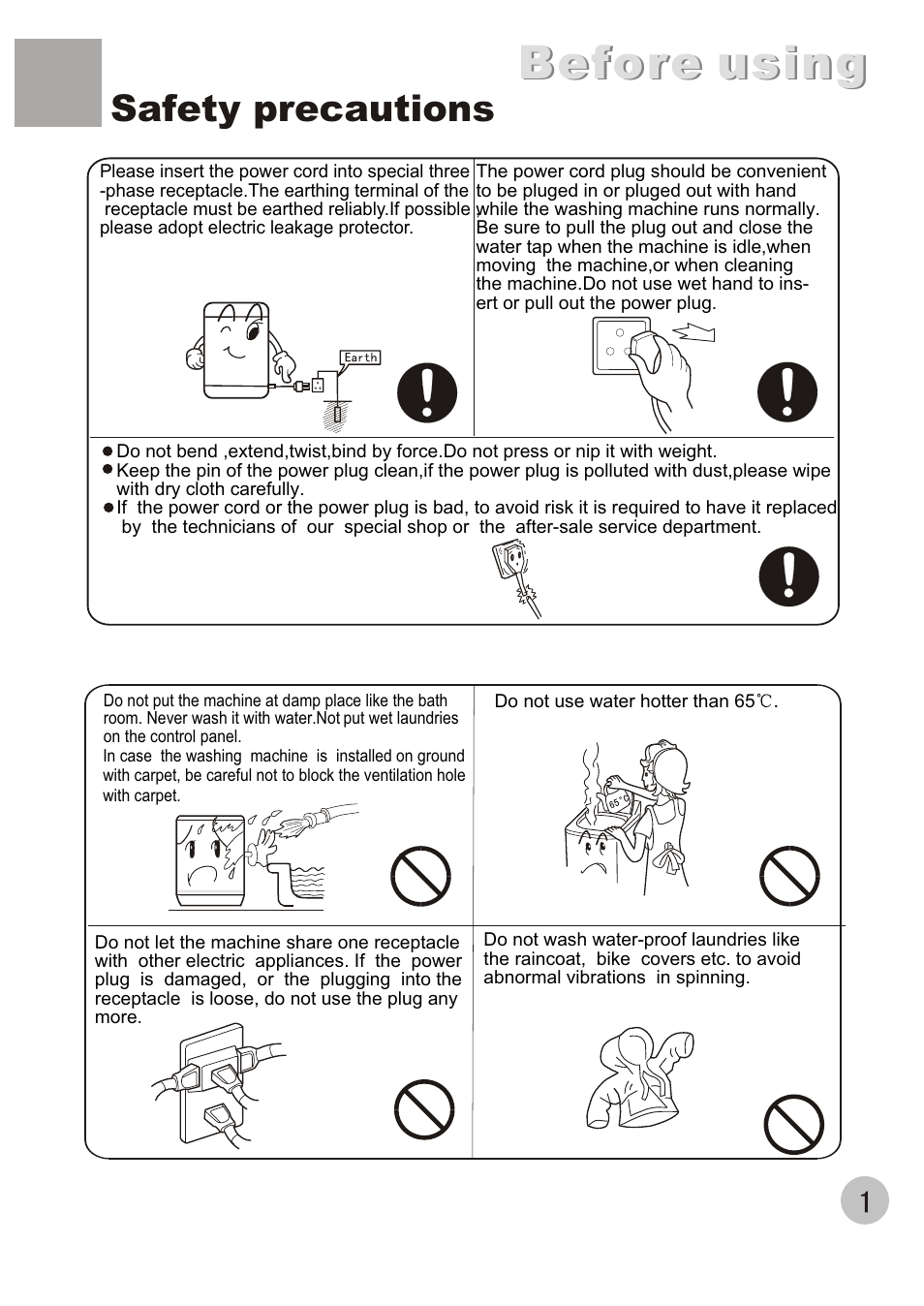 Before using, Safety precautions | haier XQJ85E User Manual | Page 3 / 20