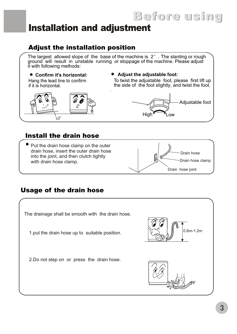Before using, Installation and adjustment | haier XQJ85E User Manual | Page 5 / 20
