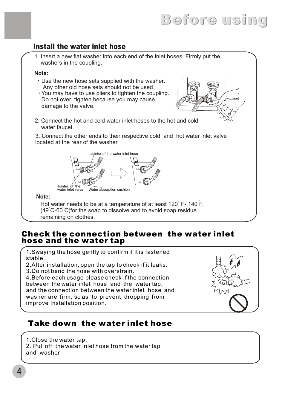 Before using, Install the water inlet hose, Take down the water inlet hose | haier XQJ85E User Manual | Page 6 / 20