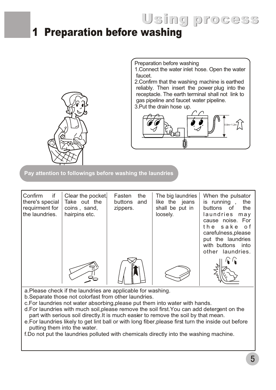Using process, 1 preparation before washing | haier XQJ85E User Manual | Page 7 / 20