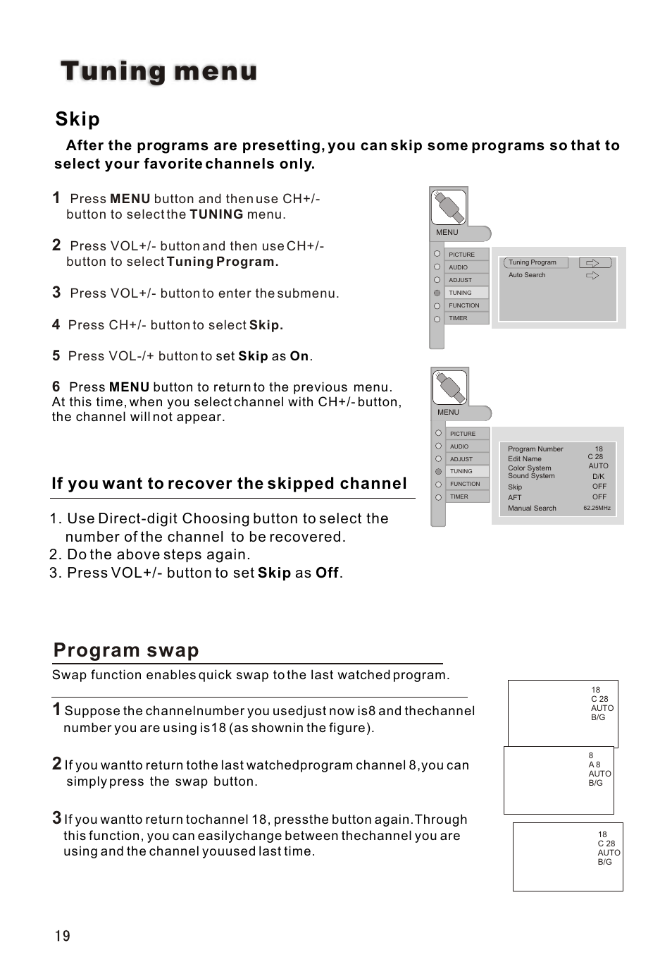 Т³гж 20, Tuning menu, Skip | Program swap, If you want to recover the skipped channel | haier L32A18-A User Manual | Page 20 / 44